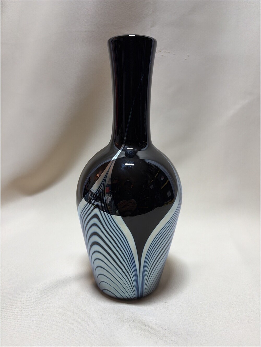 Signed Correia Black Glass Vase With Silver Pulled Feather Design 9" Tall